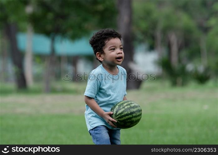 Little African American kid boy carrying a big watermelon in the farm. Child having fun helping family to harvest watermelons in the garden.