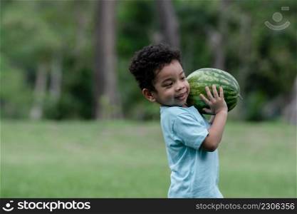 Little African American kid boy carrying a big watermelon in the farm. Child having fun helping family to harvest watermelons in the garden.