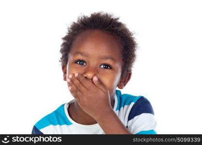 Little african boy covering his mouth isolated on a white background