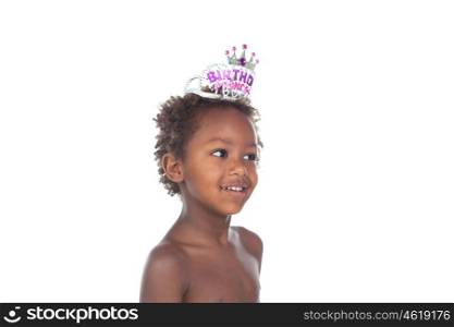 Little african boy with birthday crown without shirt isolated on white background