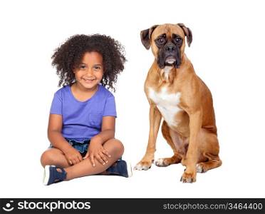 Little African girl and her dog isolated on white background