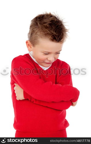 Little angry kid with red jersey isolated on a white background