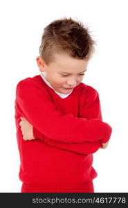 Little angry kid with red jersey isolated on a white background