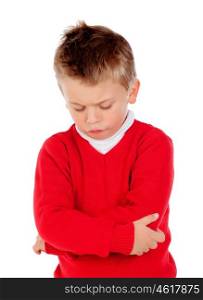 Little angry kid with red jersey isolated on a white background