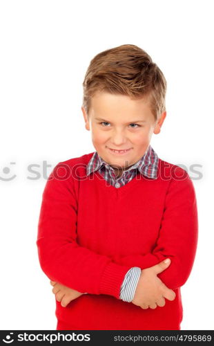 Little angry kid with red jersey isolated on a white background