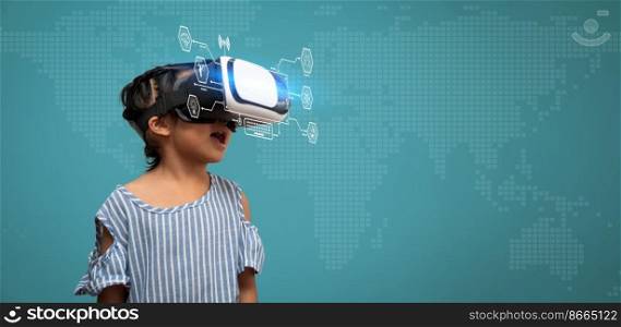 Little Asian girl child with virtual reality headset is exciting for new experiencing. Concept of 3D gadget technology and virtual world gadgets game and online education in the future