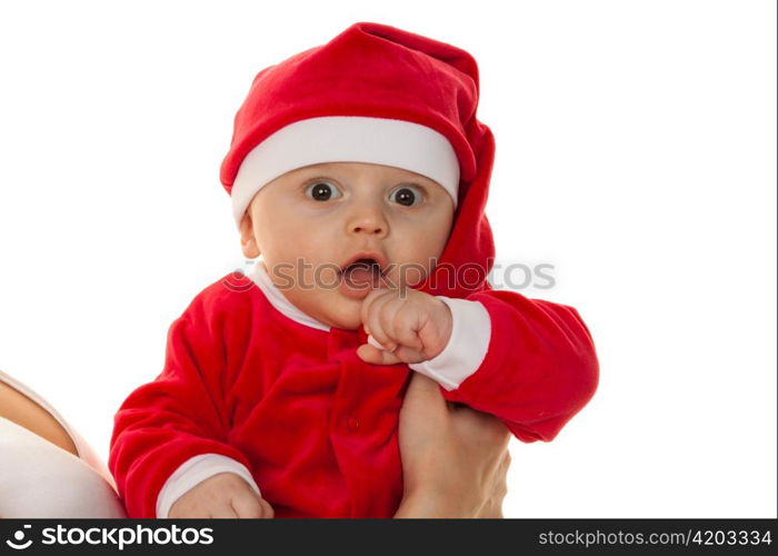 little baby dressed as santa claus. infant as santa claus