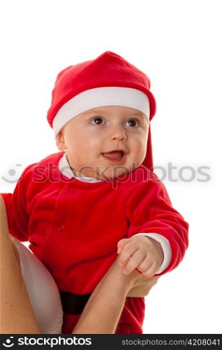 little baby dressed as santa claus. infant as santa claus