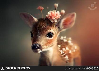 Little Baby Fawn with Flowers on a Light Background, Generative AI. Little Baby Fawn