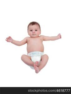 Little baby in diaper lying on the floor isolated on a white background