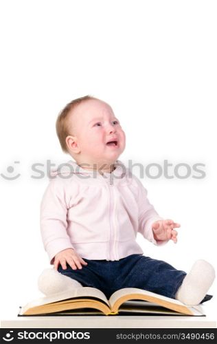 little baby is crying with a book, isolated on white background