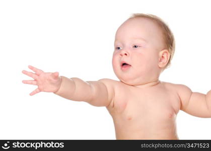 little baby is reaching out something, isolated on white background