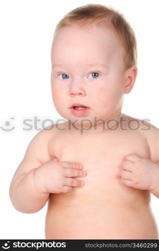 little baby is thoughtfully looking at camera, isolated on white background