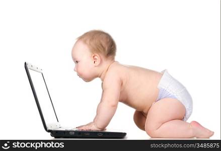 little baby is working on laptop, isolated on white background