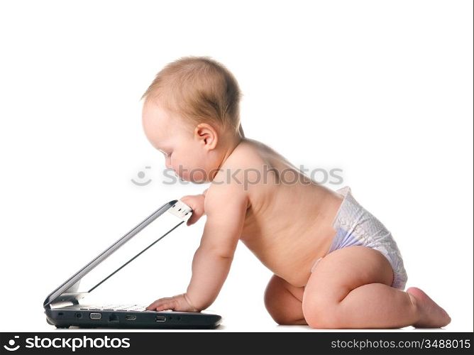 little baby is working on laptop, isolated on white background