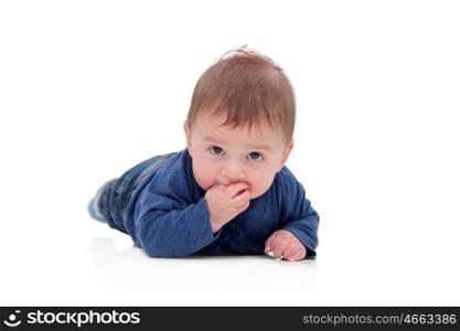 Little baby lying on the floor isolated on a white background