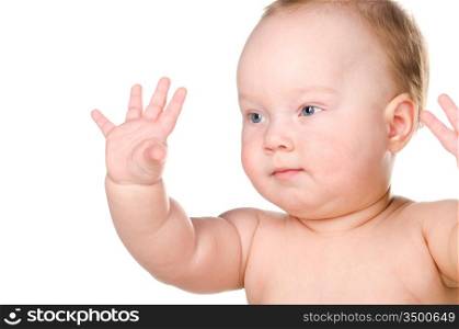 little baby with hands up, isolated on white background
