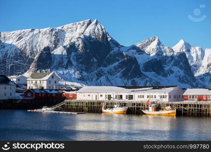 Little bay in winter on Lofoten islands. ships and rorbu. Norway