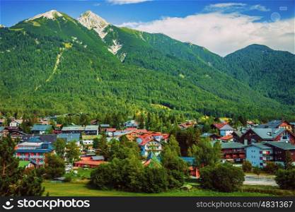 Little beautiful city in the mountains, Europe, Austria,Seefeld, Alps, famous ski resort, luxury cottages, touristic place, scene destination