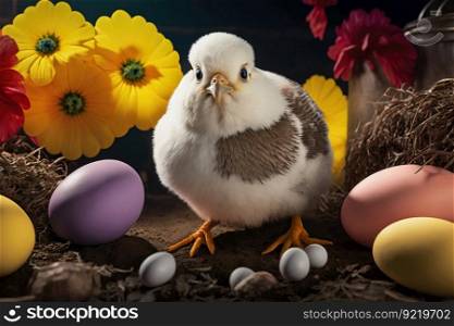 Little beautiful Easter chicken among colorful flowers and eggs. Traditional holiday concept illustration. AI generated.. Little beautiful Easter chicken among colorful flowers and eggs. AI generated.