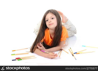 Little beautiful girl draws pencils. Isolated on white background