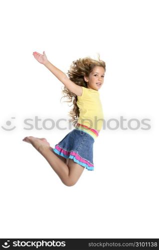 little beautiful girl fly jumping isolated on white studio background