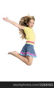 little beautiful girl fly jumping isolated on white studio background