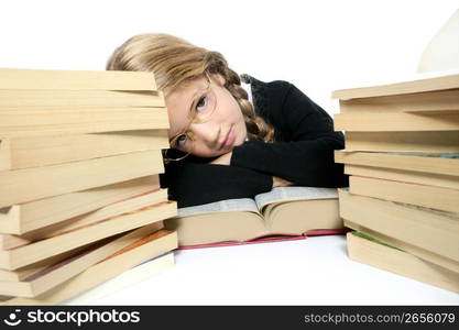 little blond bored student girl thinking relaxed on her books white background