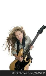 little blond girl playing electric guitar hardcore wind blowing hair