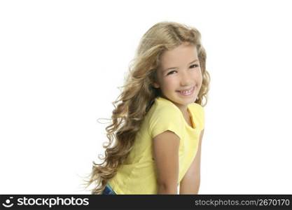 little blond girl smiling portrait yellow tshirt isolated on white background