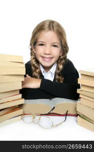 little blond happy student girl smiling with funny gesture