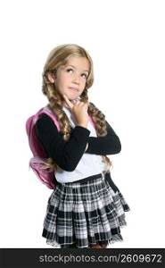 little blond school girl with backpack bag portrait isolated on white background