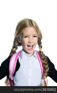 little blond school girl with backpack bag portrait isolated on white background
