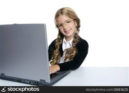 little blond student school girl with laptop computer on white background