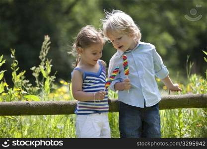 Little Boy And Girl With A Lollypop In The Parc