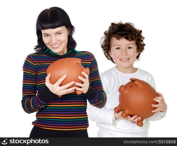 Little boy and pretty teen with moneybox isolated over white