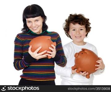 Little boy and pretty teen with moneybox isolated over white
