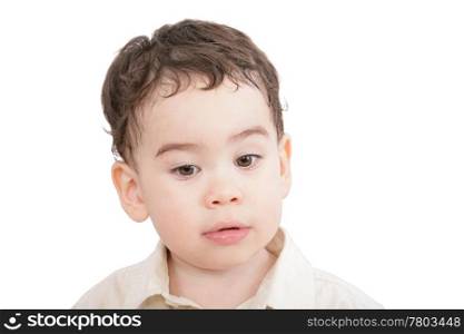 little boy, child looking down isolated on white