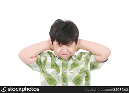 Little boy closing his eyes and ears with his hands, isolated on white