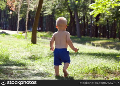 Little boy do his first steps  in summer park