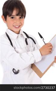 Little boy doctor writes on his clipboard for diagnosis on white background