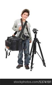Little boy dressed as news camera man