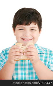 Little boy eating a integral bread, sandwich. isolated on a white background