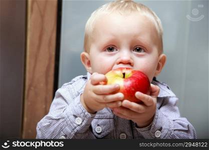Little boy eating apple concept of health care &amp; healthy child nutrition