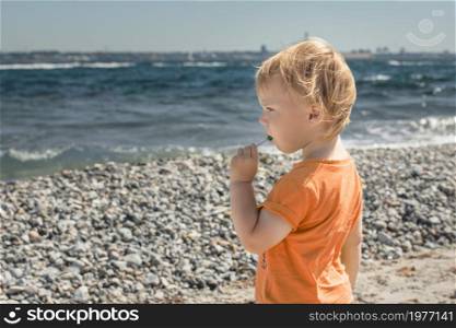Little boy eats lollipop is on seashore in the summer, Denmark