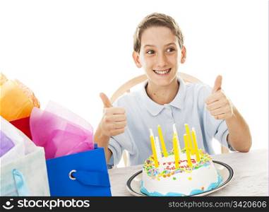 Little boy giving a thumbsup sign at his birthday party. White background.