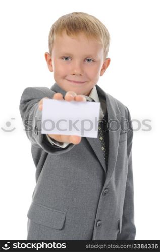 little boy handing a white blank. Isolated on white background