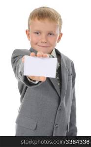little boy handing a white blank. Isolated on white background