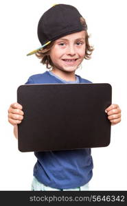 Little boy holding a empty chalkboard over white