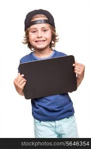 Little boy holding a empty chalkboard over white